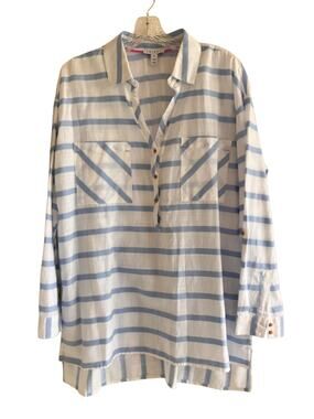 Tribal Coastal Beachy Top Popover Roll-Tab Sleeves Cotton Striped Preppy L